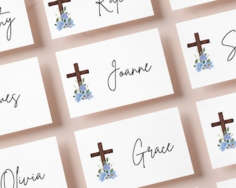 Tarjetas de lugar de Pascua EDITABLES, tarjetas de nombre imprimibles para celebraciones religiosas y familiares, tarjetas de asientos cruzados florales personalizadas, EA24