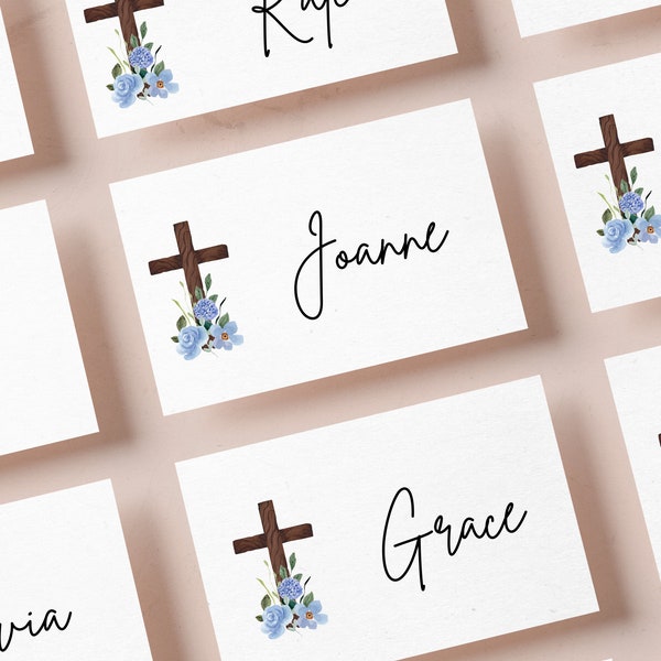Tarjetas de lugar de Pascua EDITABLES, tarjetas de nombre imprimibles para celebraciones religiosas y familiares, tarjetas de asientos cruzados florales personalizadas, EA24