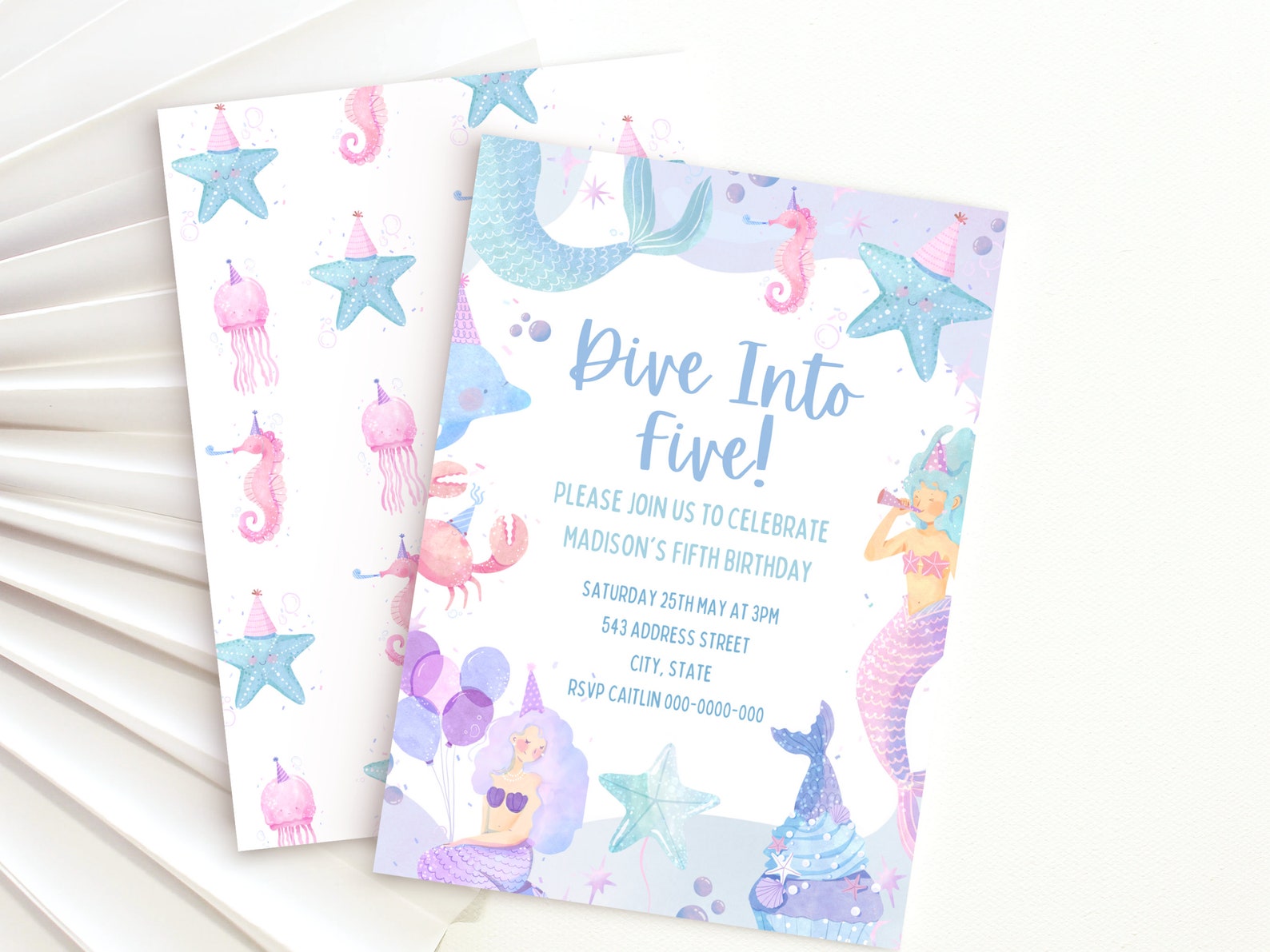 EDITABLE Dive Into Five Mermaid Birthday Invitation, 5th Birthday ...
