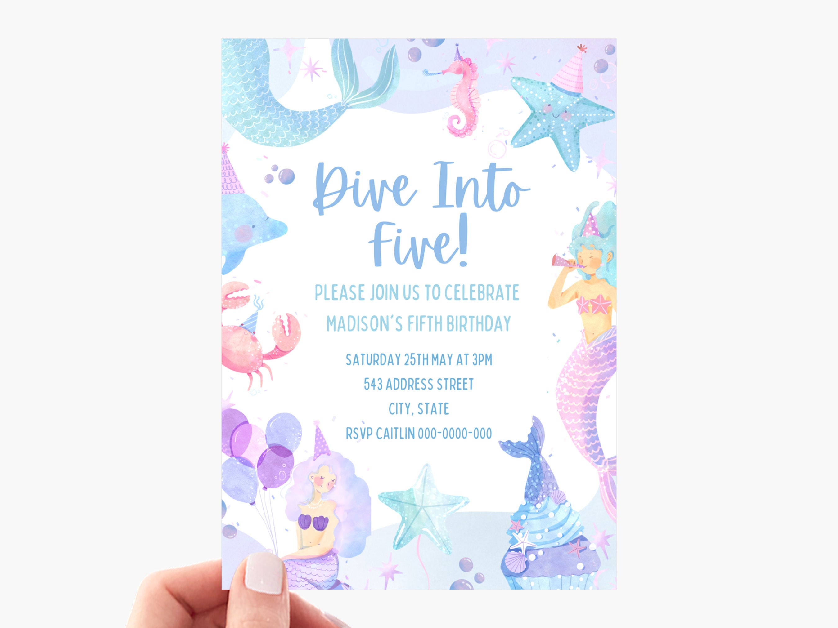 EDITABLE Dive Into Five Mermaid Birthday Invitation, 5th Birthday ...