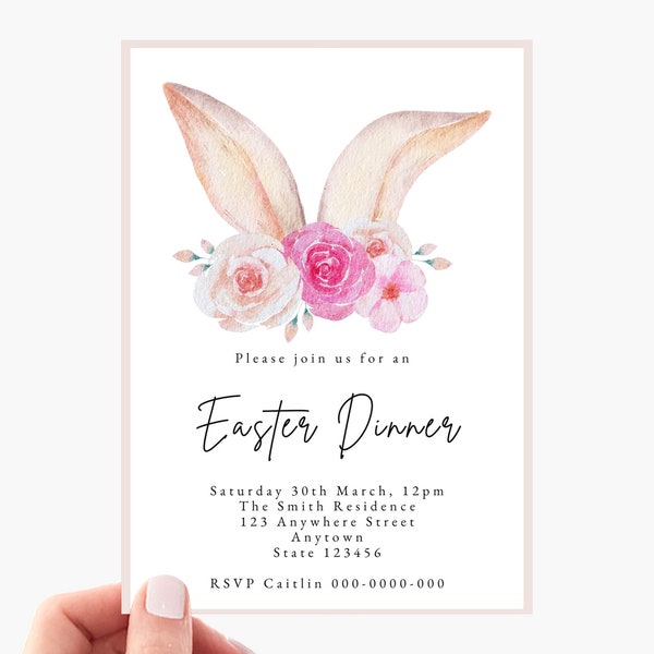 EDITABLE Easter Dinner Invitation, Cute Watercolor Floral Bunny Invite, Easter Dinner Party Ideas, Printable Digital Template, EA24