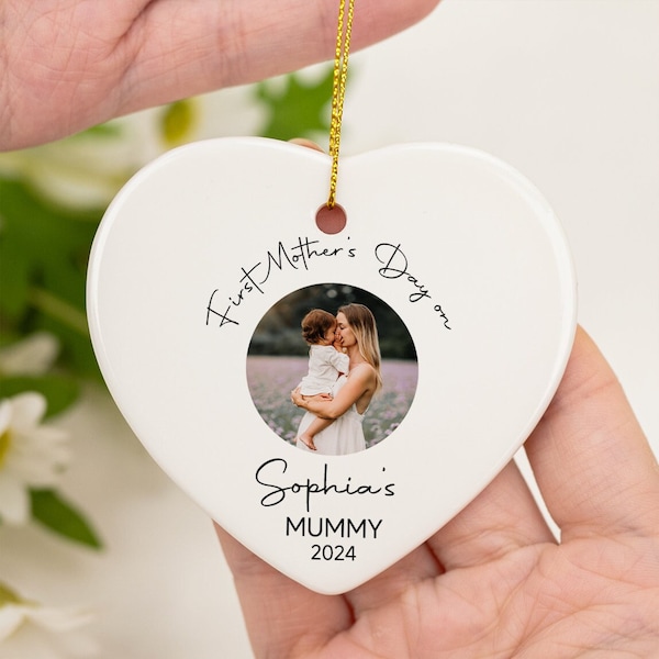 Personalized Ornament for Mom, Custom Ceramic Heart Keepsake, First Mothers Day Gift, Gift for Mum, Personalize Photo Ornament, Gift for Mum