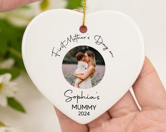 Personalized Ornament for Mom, Custom Ceramic Heart Keepsake, First Mothers Day Gift, Gift for Mum, Personalize Photo Ornament, Gift for Mum