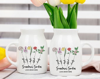 Vase à fleurs de jardin personnalisé de grand-mère, cadeau personnalisé de grand-mère, vase à fleurs de nom de petit-enfant, cadeau pour maman, nounou, grand-mère, cadeaux de la fête des mères