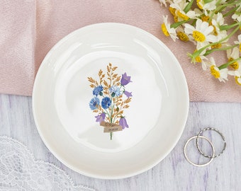 Plateau de bibelots floraux personnalisés, plat de bijoux de nom personnalisé, cadeau de mariée, cadeau de mariage pour le couple, cadeau d’anniversaire pour elle, plat d’anneau