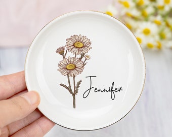 Personalized Birth Flower Jewelry Dish, Wedding Ring Dish, Bridesmaid Gift, Bridal Shower Gift, Minimalist Custom Name Gift for Her