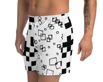 Könnte beinhalten: Weiße Sport Shorts mit einem geometrischen Muster in Schwarz und Weiß. Das Muster zeigt Quadrate und Kreise.