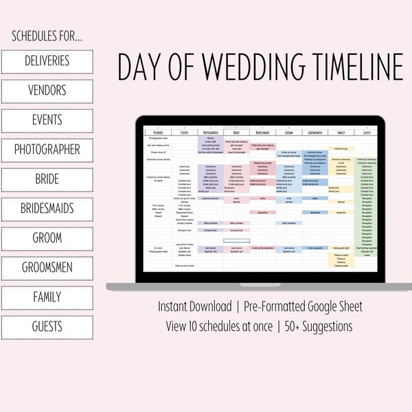 Plantilla de cronograma del día de la boda, cronograma del día de la boda, guía de coordinación de bodas para fiestas nupciales, invitados, familiares, proveedores/hojas de cálculo de Google