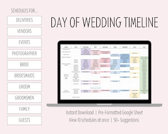 Modèle de chronologie du jour du mariage, calendrier du jour du mariage, guide de coordination du mariage pour la fête nuptiale, les invités, la famille, les vendeurs | Feuilles Google