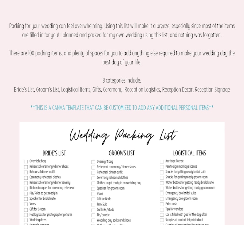 CANVA Template Wedding Weekend Packing List, Everything to Buy & Pack