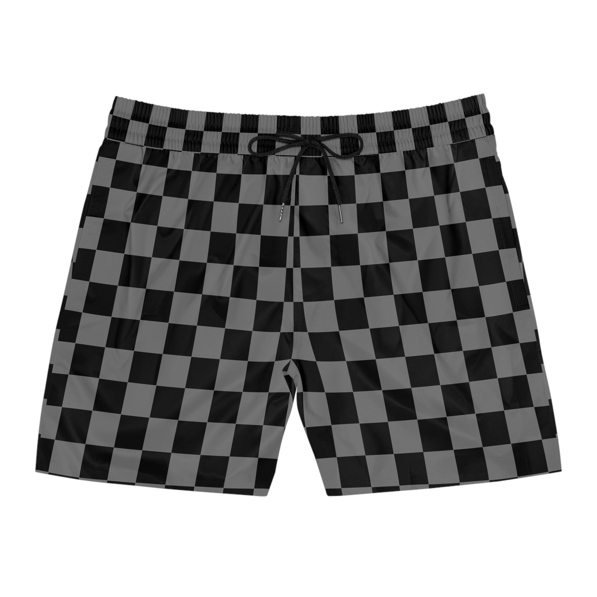 Lizzyapparel Beige and Brown Checkers Neutral Tan and Brown Checkered Mens Swim Trunks, Brown Checkerboard Swim Suit