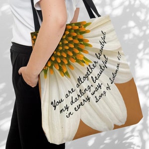 Giant Daisy Tote Bag with Large Song of Solomon quote &quot;You are beautiful, my darling&quot;