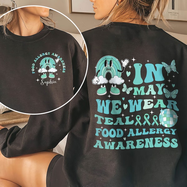 Custom Name Food Allergy Awareness Shirt, Funny Rainbow In May We Wear Teal Kids Allergies Shirts, Food Allergy Teal Ribbon Shirt