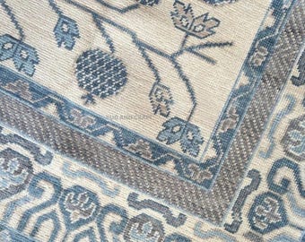 Elegant Ivory and Slate Blue Hand-Knotted Wool Rug – Contemporary Pomegranate Design for Living Room, Bed Room, Office, Kids Room, Kitchen