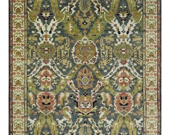 Muted Olive Green Hand Knotted Rug | Turkish Style Ornate Botanical Carpet | 8x10,9x12 Classic Folk Medallion Floor Decor For Bedroom