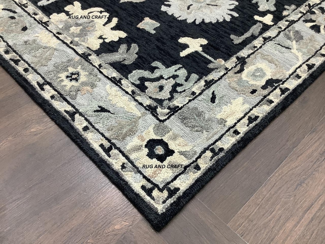 Bold Dramatic Black Field Rug | Sculpted Floral Motifs | Turkish Style ...