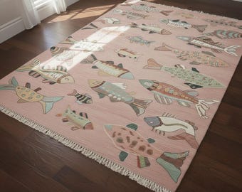 Whimsical Fish Pattern Pink Turkish Style Rug-Modern Oushak Style Hand-Woven Area Rug Soft Pestal Decor For Kids Room or Playroom