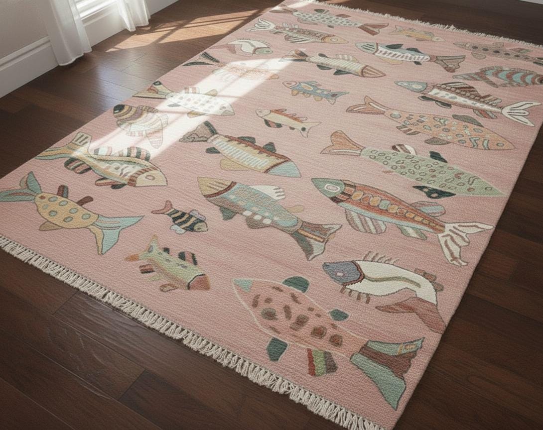 Whimsy Fish Rugs Whimsical Fish Pattern Pink Turkish Style Rug-modern Oushak Style Hand ...