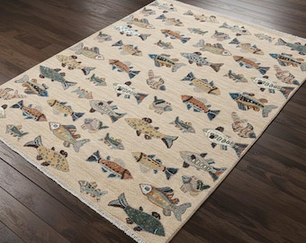 Handmade Beige Oushak Rug - Netural Fish Design Turkish Style Area Rug - Hand-Knotted Wool Carpet For Nursery or Kids Room Decor
