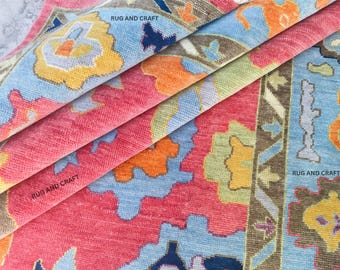 Vibrant Hand-Knotted Turkish Oushak Rug – Bold Tribal Wool Carpet in Coral, Sky Blue & Gold | Artistic Statement | All Sizes Available
