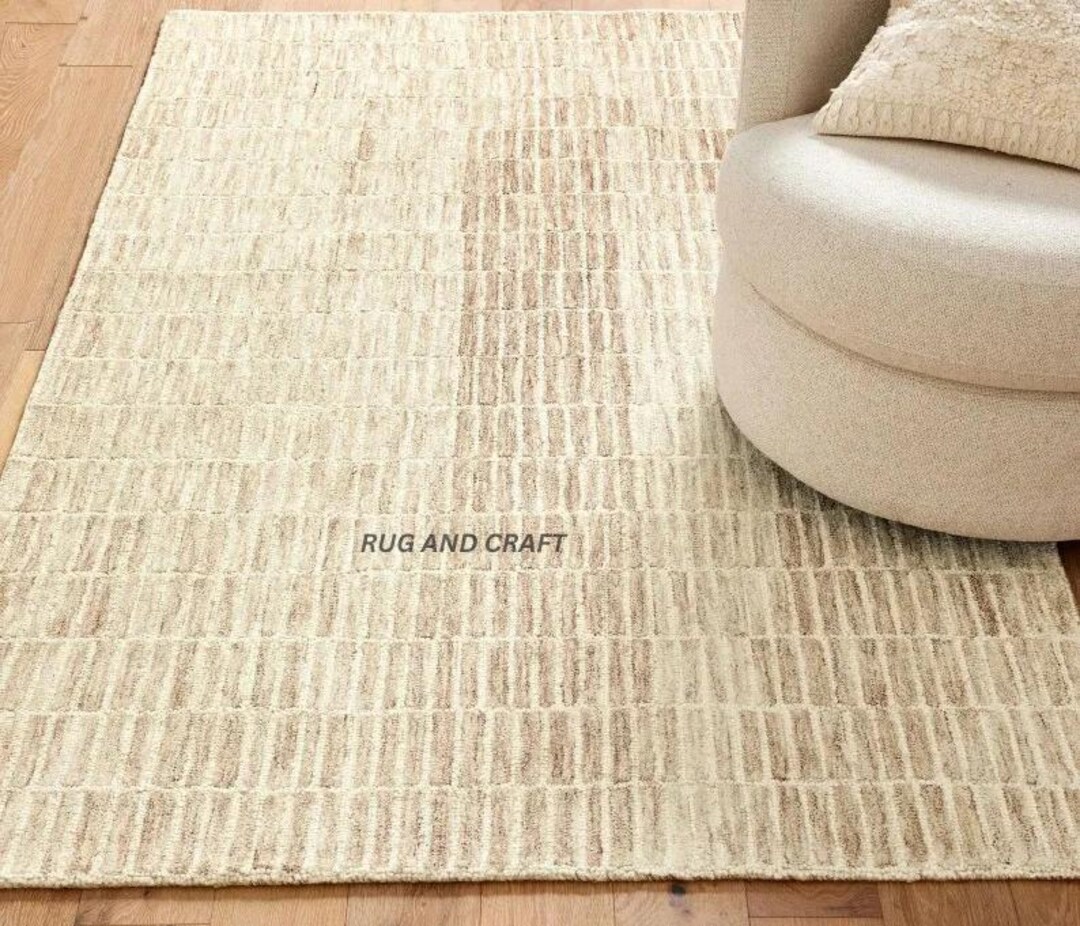 Beige Hand Tufted Rug | Minimalist Brick Pattern Carpet | Neutral ...
