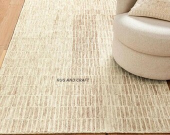 Beige Hand Tufted Rug | Minimalist Brick Pattern Carpet | Neutral Contemporary Home Décor