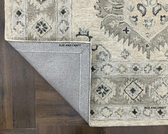 Warm Ivory Hand Tufted Rug | Soft Tribal Medallion Carpet | Subtle Texture Calm Timeless Character