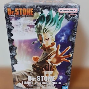 May include: A boxed Dr. Stone figure. The box features a character with green and white hair, a tan jacket, and the text "Dr. STONE" and "FIGURE of STONE WORLD". The background has a purple and blue galaxy design.