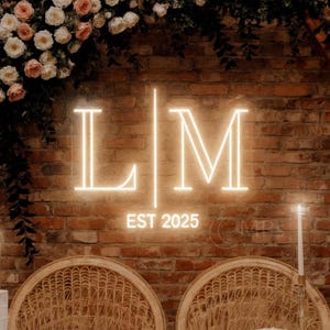 Letrero de boda minimalista con iniciales personalizadas, iniciales de pareja con año estimado, letrero iluminado para boda, decoración de fondo moderna, fiesta de compromiso LED
