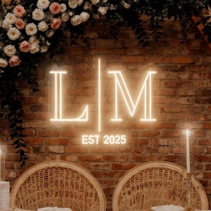 Placa de casamento minimalista com iniciais personalizadas, Iniciais de casal com ano de nascimento, Cenário de casamento moderno com LED, Placa para festa de noivado, Arte com iniciais em LED