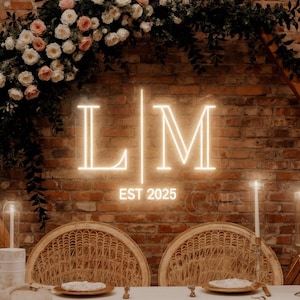 Placa de casamento minimalista com iniciais personalizadas, Iniciais de casal com ano de nascimento, Cenário de casamento moderno com LED, Placa para festa de noivado, Arte com iniciais em LED