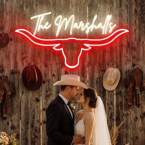 Insegna al neon personalizzata con toro Longhorn, decorazioni per matrimoni in stile western, insegna al neon a LED con nome per coppie, stile ranch rustico, decorazioni per matrimoni in stile fienile di campagna