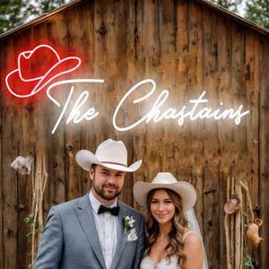 Luce al neon personalizzata con coppia di cowboy, decorazioni per matrimoni western, luci per matrimoni da cowboy, insegne con cappello da cowboy, decorazioni per addio al nubilato da cowgirl, luci LED per matrimoni rustici