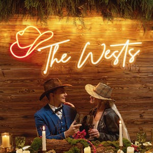 Luce nuziale personalizzata con cognome western, decorazioni per matrimoni in stile ranch, insegna al neon con cappello da cowboy, decorazioni per matrimoni in stile cowboy/cowgirl western, LED per matrimoni in stile western