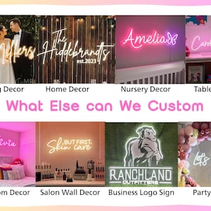 Puede incluir: Un collage de letreros de ne&oacute;n personalizados con varios nombres, frases y logotipos mostrados en diferentes entornos como bodas, guarder&iacute;as, dormitorios, salones y fiestas, con el texto What Else can We Custom centrado en la imagen.