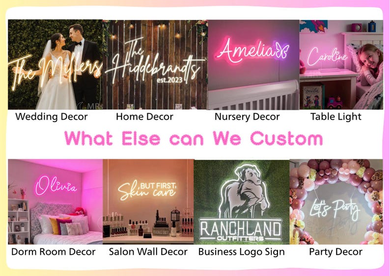 Puede incluir: Un collage de letreros de ne&oacute;n personalizados con varios nombres, frases y logotipos mostrados en diferentes entornos como bodas, guarder&iacute;as, dormitorios, salones y fiestas, con el texto What Else can We Custom centrado en la imagen.