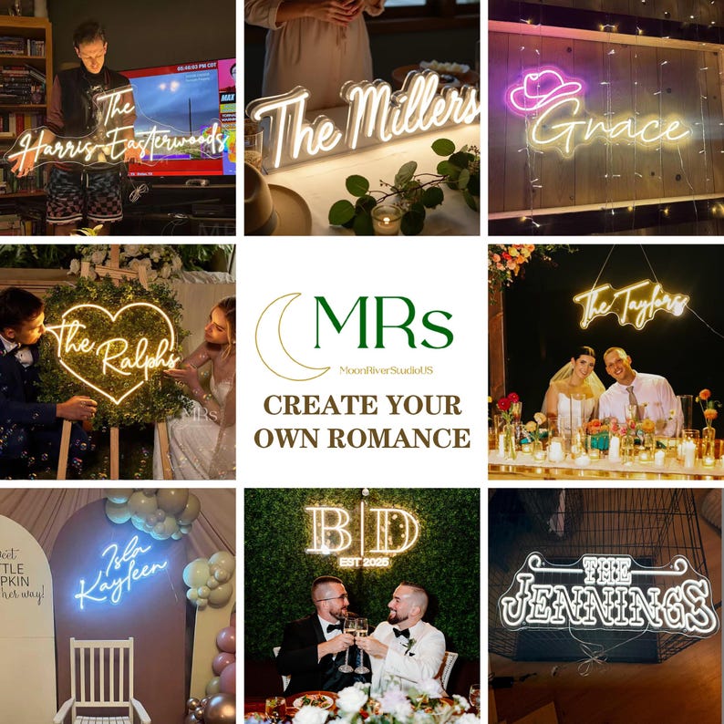 Puede incluir: Una colecci&oacute;n de letreros de ne&oacute;n con nombres y frases, incluyendo "The Harris Easterwoods", "The Millers" y "Grace". Los letreros est&aacute;n en varias fuentes y colores, adecuados para bodas o eventos. La imagen tambi&eacute;n presenta el texto "CREATE YOUR OWN ROMANCE."