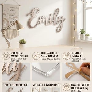 May include: A personalized wall sign featuring the name Emily in a cursive script font. The sign is made of 5mm thick acrylic with a brushed metal finish, creating a 3D effect. It includes a peel-and-stick adhesive backing for no-drill installation.