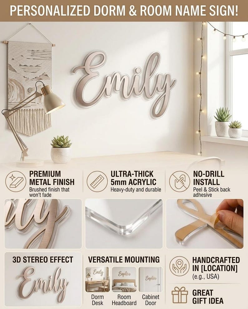 May include: A personalized wall sign featuring the name Emily in a cursive script font. The sign is made of 5mm thick acrylic with a brushed metal finish, creating a 3D effect. It includes a peel-and-stick adhesive backing for no-drill installation.