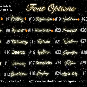 Puede incluir: Un fondo negro con efecto de estrellas muestra una lista de 30 opciones de fuentes de ne&oacute;n. El texto "Font Options" est&aacute; en la parte superior, con nombres y n&uacute;meros de fuentes. Se destacan las fuentes m&aacute;s populares. Se incluye la direcci&oacute;n del sitio web.