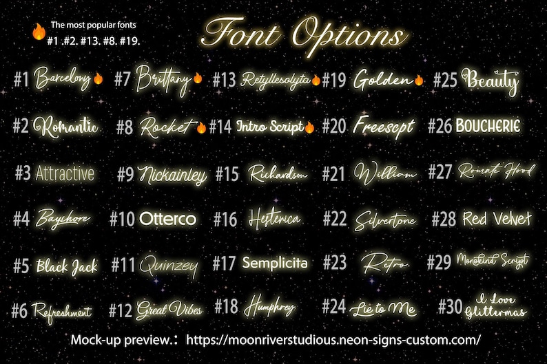 Puede incluir: Un fondo negro con efecto de estrellas muestra una lista de 30 opciones de fuentes de ne&oacute;n. El texto "Font Options" est&aacute; en la parte superior, con nombres y n&uacute;meros de fuentes. Se destacan las fuentes m&aacute;s populares. Se incluye la direcci&oacute;n del sitio web.