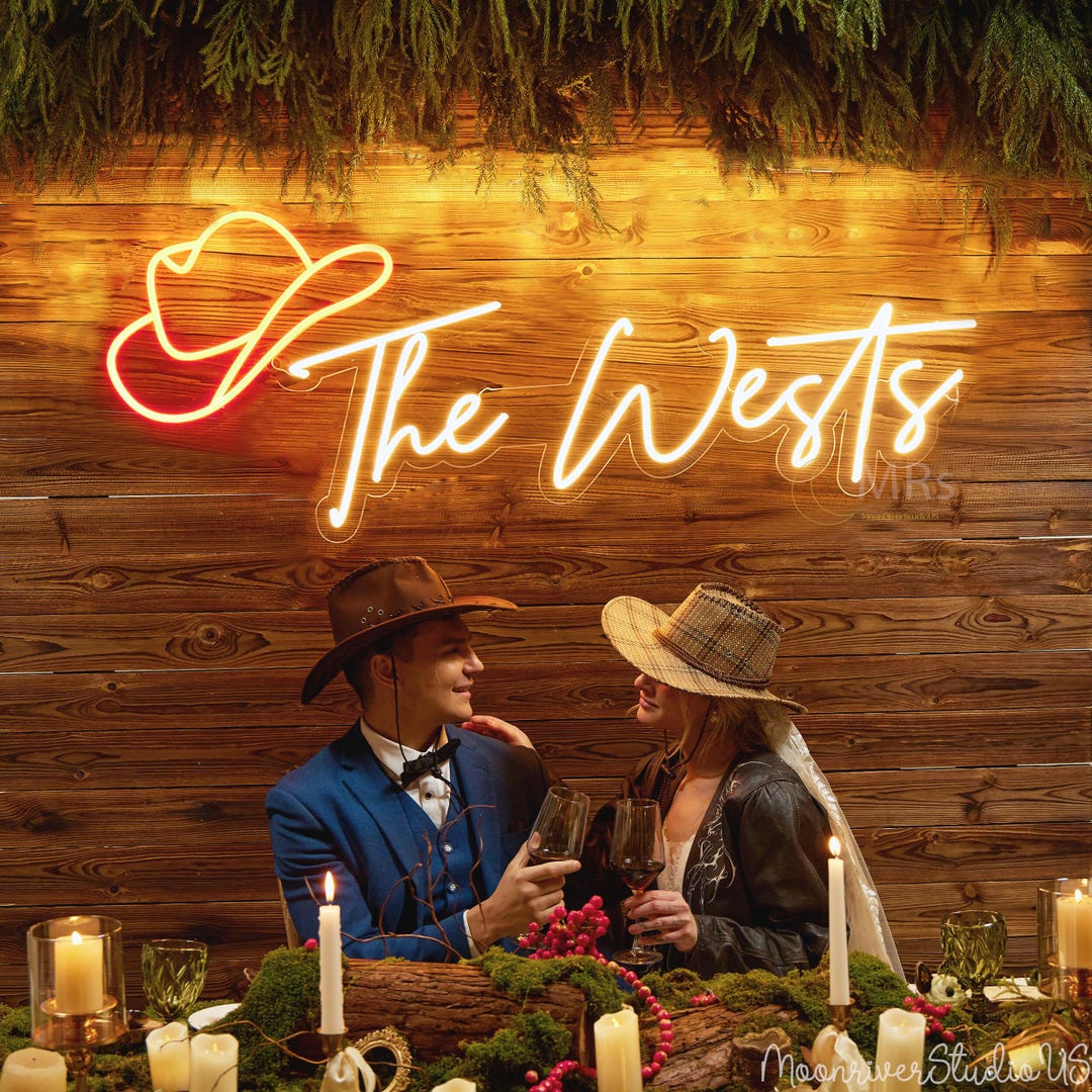 Custom Western Wedding Neon Sign: Cowboy Hat Last Name LED, Personalized Western Wedding Decor, Western party decor, Western reception sign - 24"/60cm