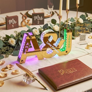 Custom Couple Initials Mirror Light, Personalized Acrylic Wedding LED Tabletop Sign for Reception Decor, 5V COB Colorful Lights