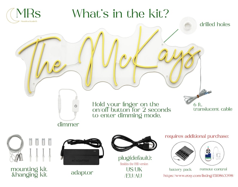 Puede incluir: Un letrero de ne&oacute;n amarillo personalizado que dice The McKays sobre una base de acr&iacute;lico transparente con orificios. El kit incluye un cable transl&uacute;cido de 1,83 m, un regulador de intensidad, un kit de montaje, un adaptador y un enchufe.