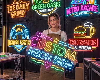 May include: A clear acrylic sign with the text CUSTOM NEON SIGN in multi-colored neon tubing, accented by a star and two hearts. The sign is displayed among various other neon signs featuring graphics of a coffee cup, plants, an arcade machine, a barbell, and a burger with a beer mug.