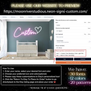 Puede incluir: Una interfaz digital para personalizar letreros de ne&oacute;n, con una vista previa de la palabra Custom en ne&oacute;n rosa claro y un icono de coraz&oacute;n en ne&oacute;n blanco fr&iacute;o sobre una pared azul oscuro encima de una cuna blanca, con instrucciones y URL.