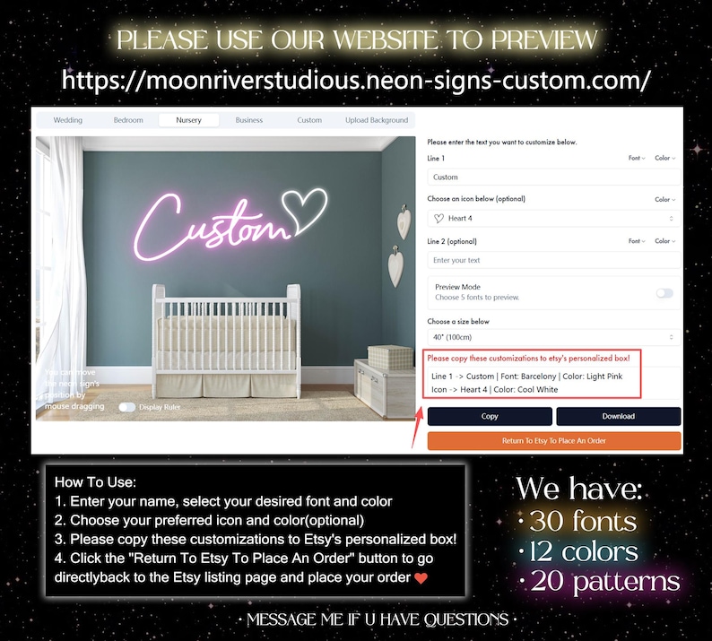 Puede incluir: Una interfaz digital para personalizar letreros de ne&oacute;n, con una vista previa de la palabra Custom en ne&oacute;n rosa claro y un icono de coraz&oacute;n en ne&oacute;n blanco fr&iacute;o sobre una pared azul oscuro encima de una cuna blanca, con instrucciones y URL.