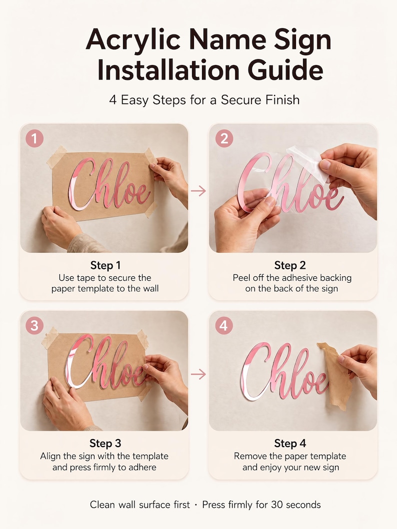 May include: An instructional graphic titled Acrylic Name Sign Installation Guide showing four steps to mount a pink script name sign. The steps demonstrate using a paper template, peeling adhesive backing, aligning the sign, and removing the template.