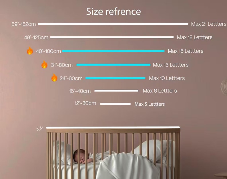 Puede incluir: Una tabla de referencia de tama&ntilde;os para letreros de ne&oacute;n personalizados, que muestra siete l&iacute;neas horizontales de 30 cm a 152 cm, correspondientes a l&iacute;mites de 5 a 21 letras. Una cuna de madera se encuentra debajo de la tabla para escala.