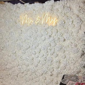 Puede incluir: Un tel&oacute;n de fondo de pared floral blanco con el letrero de ne&oacute;n "Mr & Mrs" en fuente cursiva. La pared est&aacute; densamente cubierta de rosas blancas, creando una superficie texturizada. Adecuado para bodas y eventos especiales.